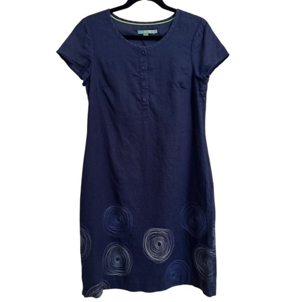 Boden Linen Navy Blue Embroidered Swirl Shift Dress 8L Coastal